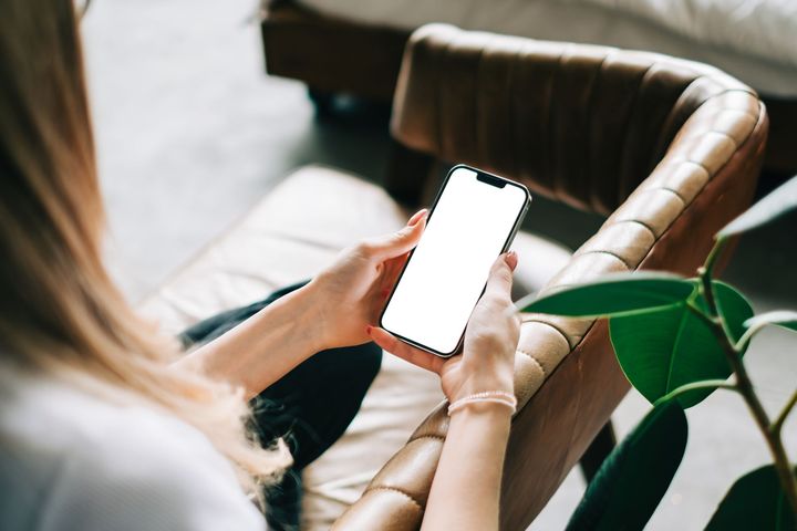 Person using a smartphone while seated on a brown leather chair near a green plant
