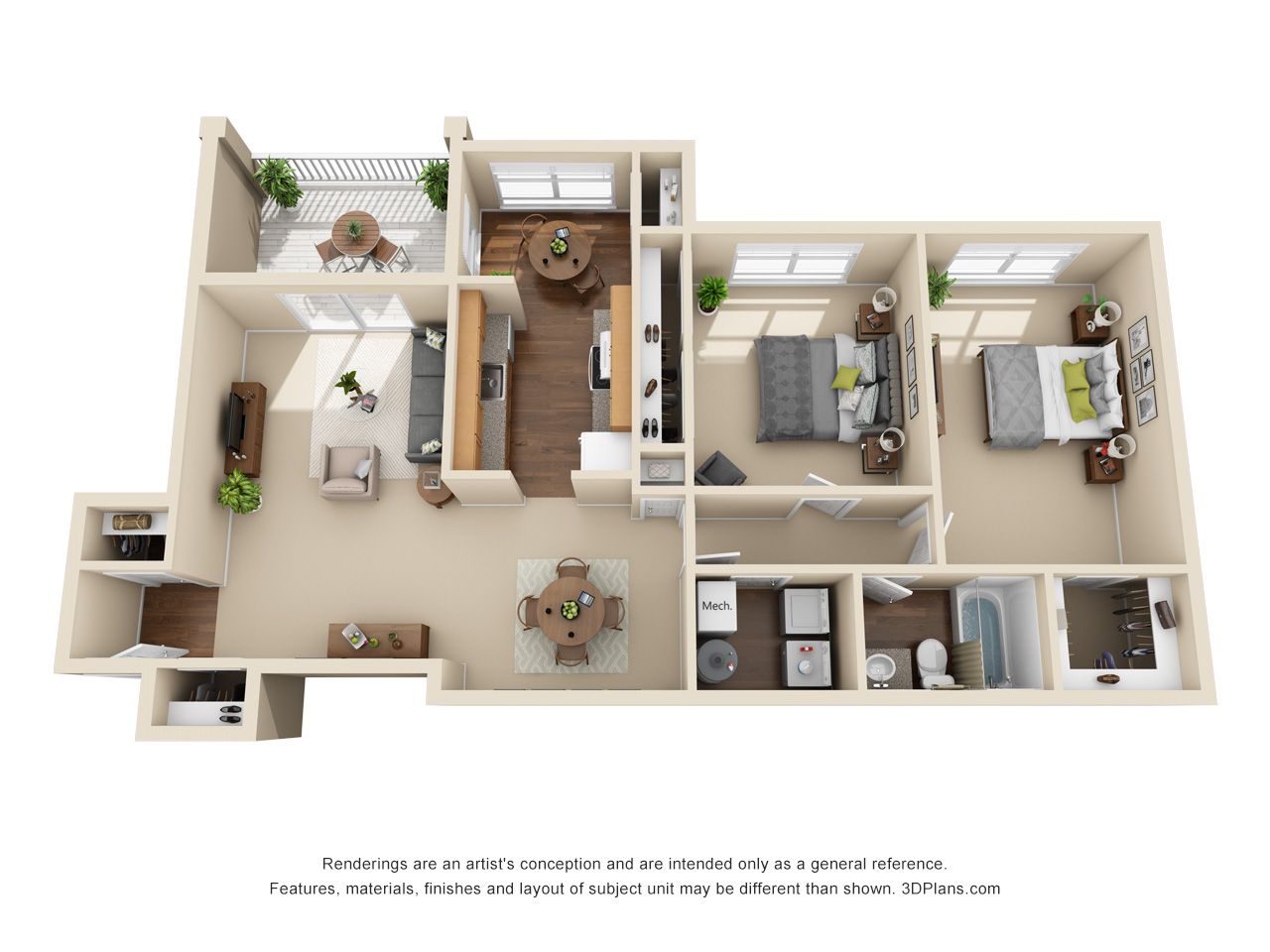 3D floor plan of a small apartment with living room, kitchen, bathroom, and two bedrooms