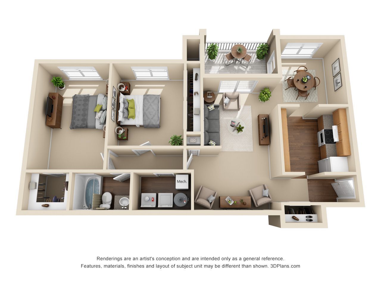3D apartment floor plan with two bedrooms, bathroom, kitchen, living area, and staircase in a bright beige layout