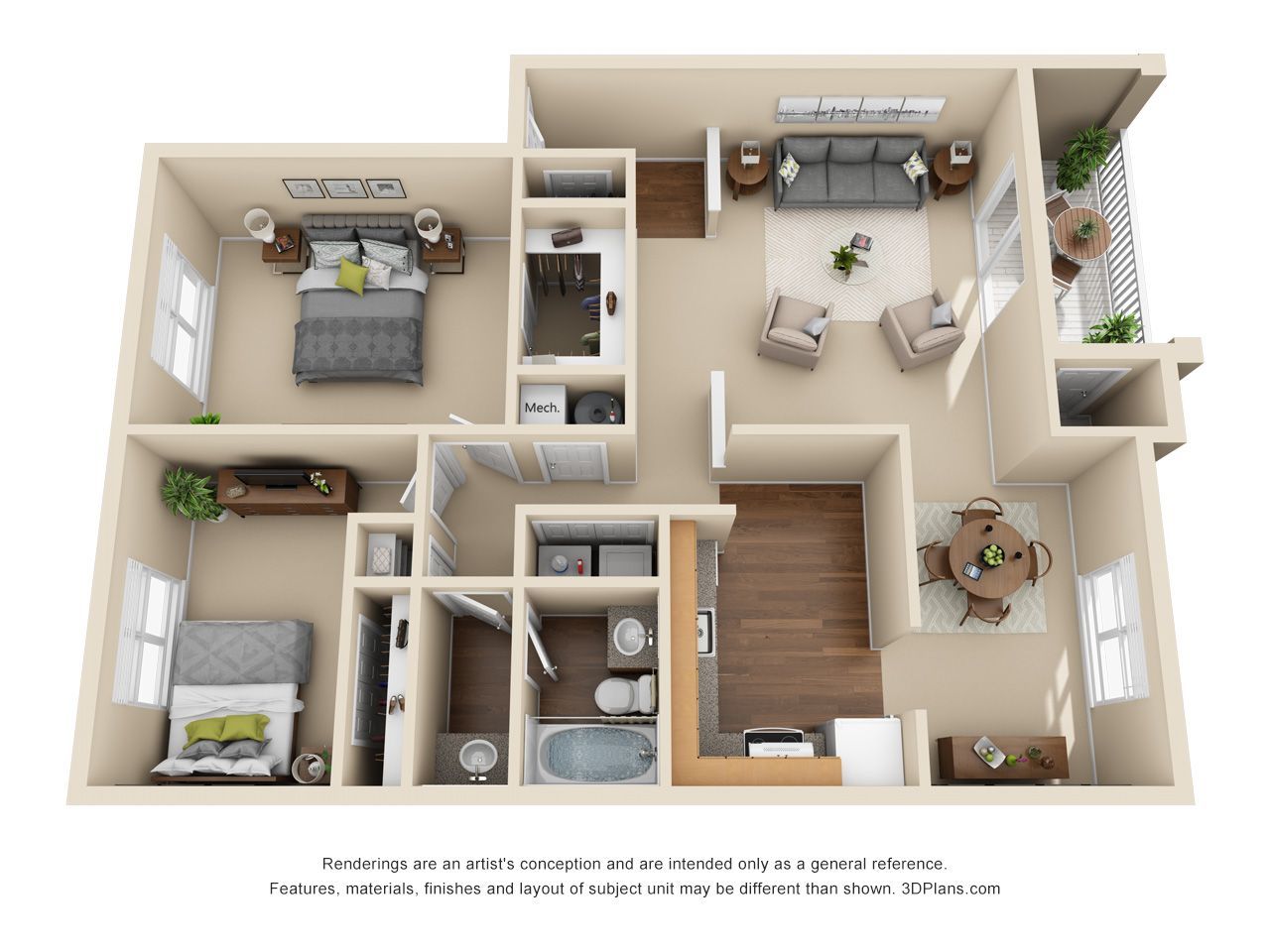 3D floor plan of a small apartment with bedrooms, bathroom, kitchen, and living area