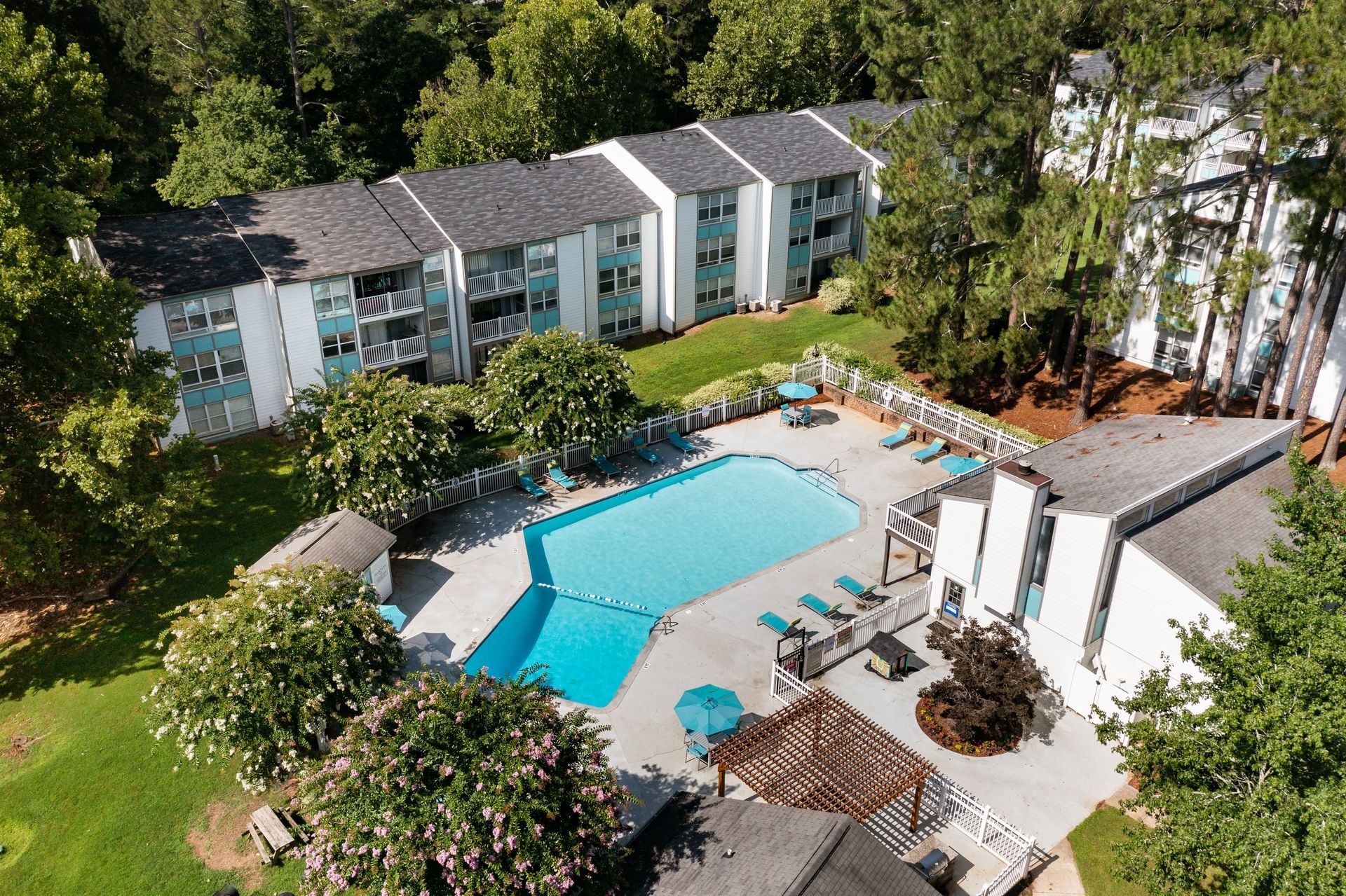 Aerial view of a hotel pool surrounded by lounge chairs and palm trees, with resort buildings nearby