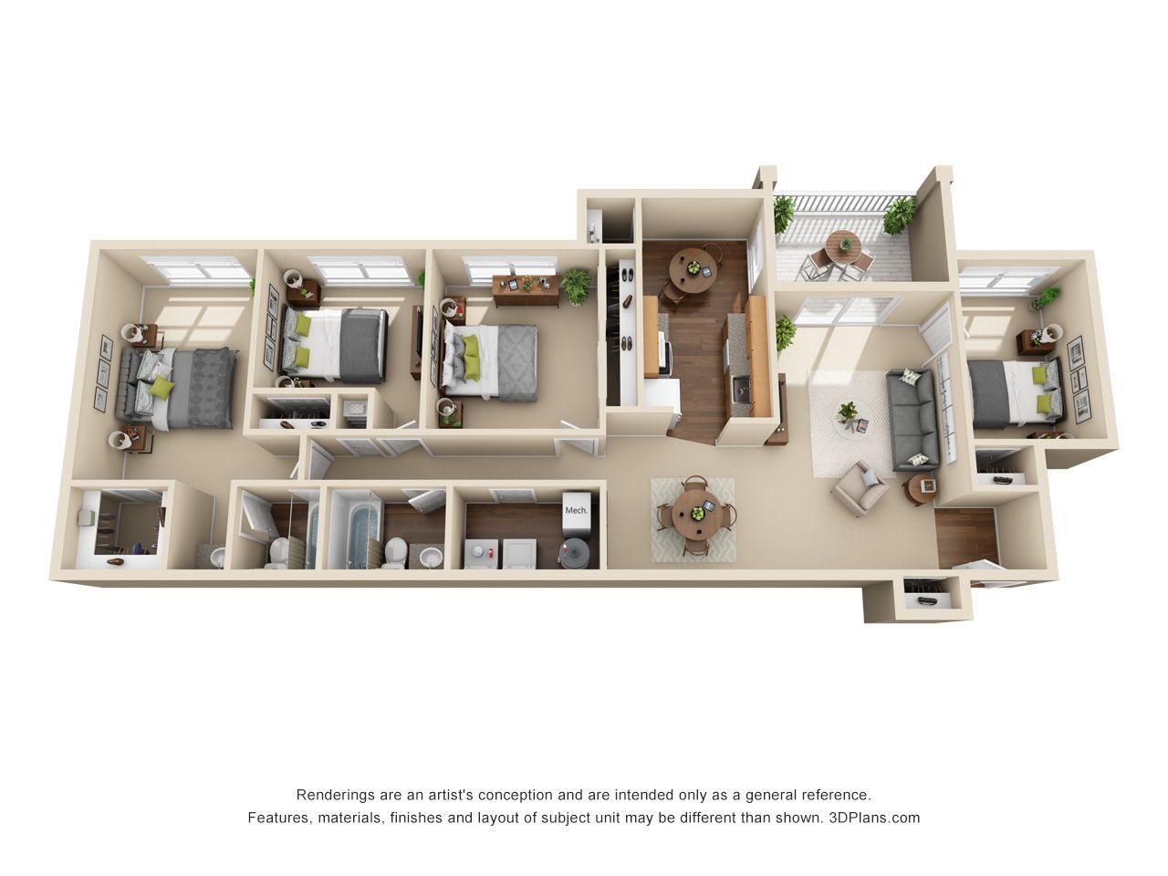 3D floor plan of a small apartment with bedrooms, bathroom, kitchen, and living room