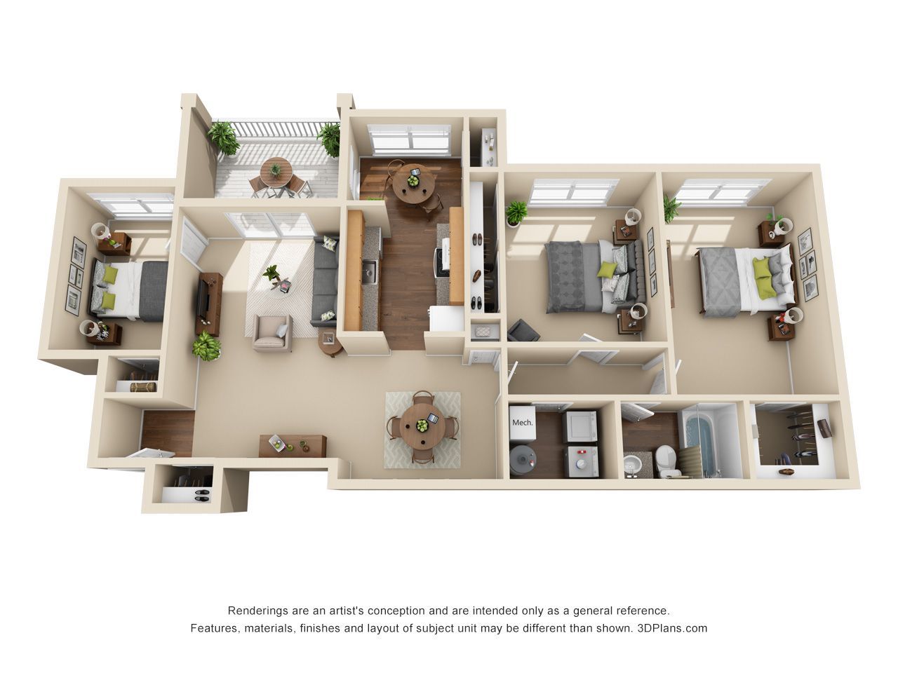 3D floor plan of a modern apartment with living room, kitchen, bedrooms, and bathrooms