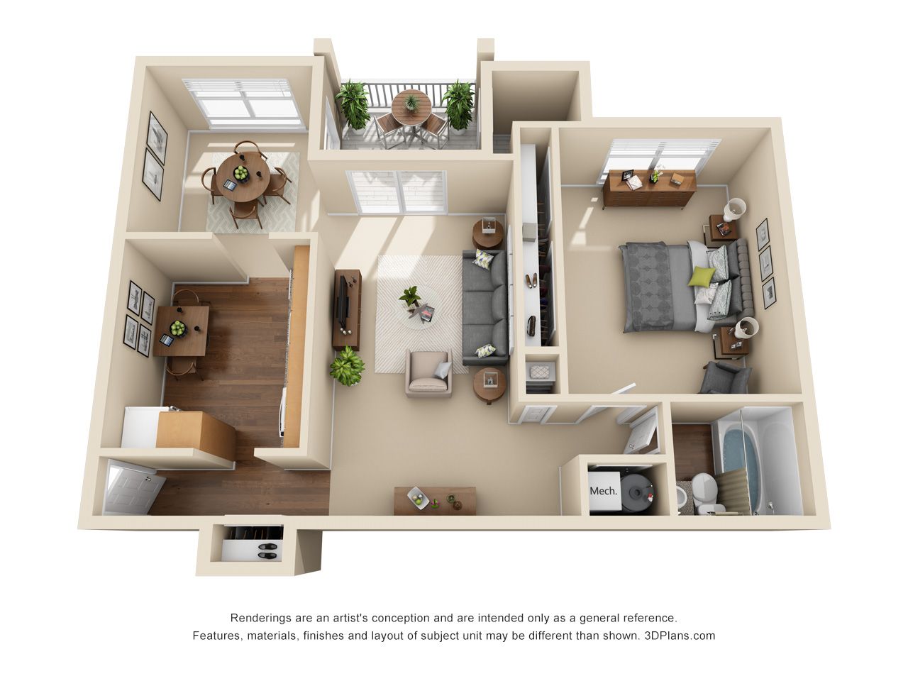 3D floor plan of a compact apartment with bedroom, office, living room, kitchen, and bathroom areas