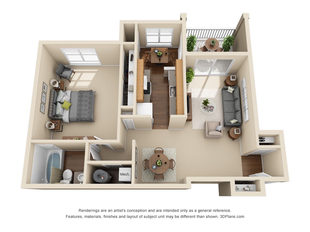 3D floor plan of a modern apartment with bedroom, living room, kitchen, bath, and balcony areas