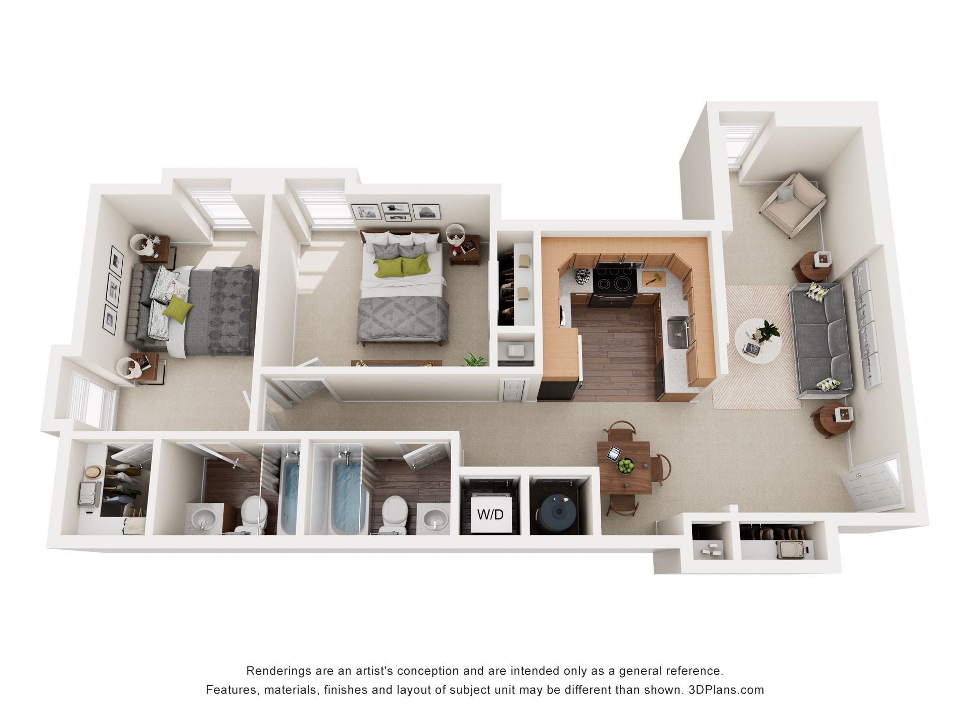 3D floor plan of a compact apartment with two bedrooms, kitchen, living area, bathroom, and balcony