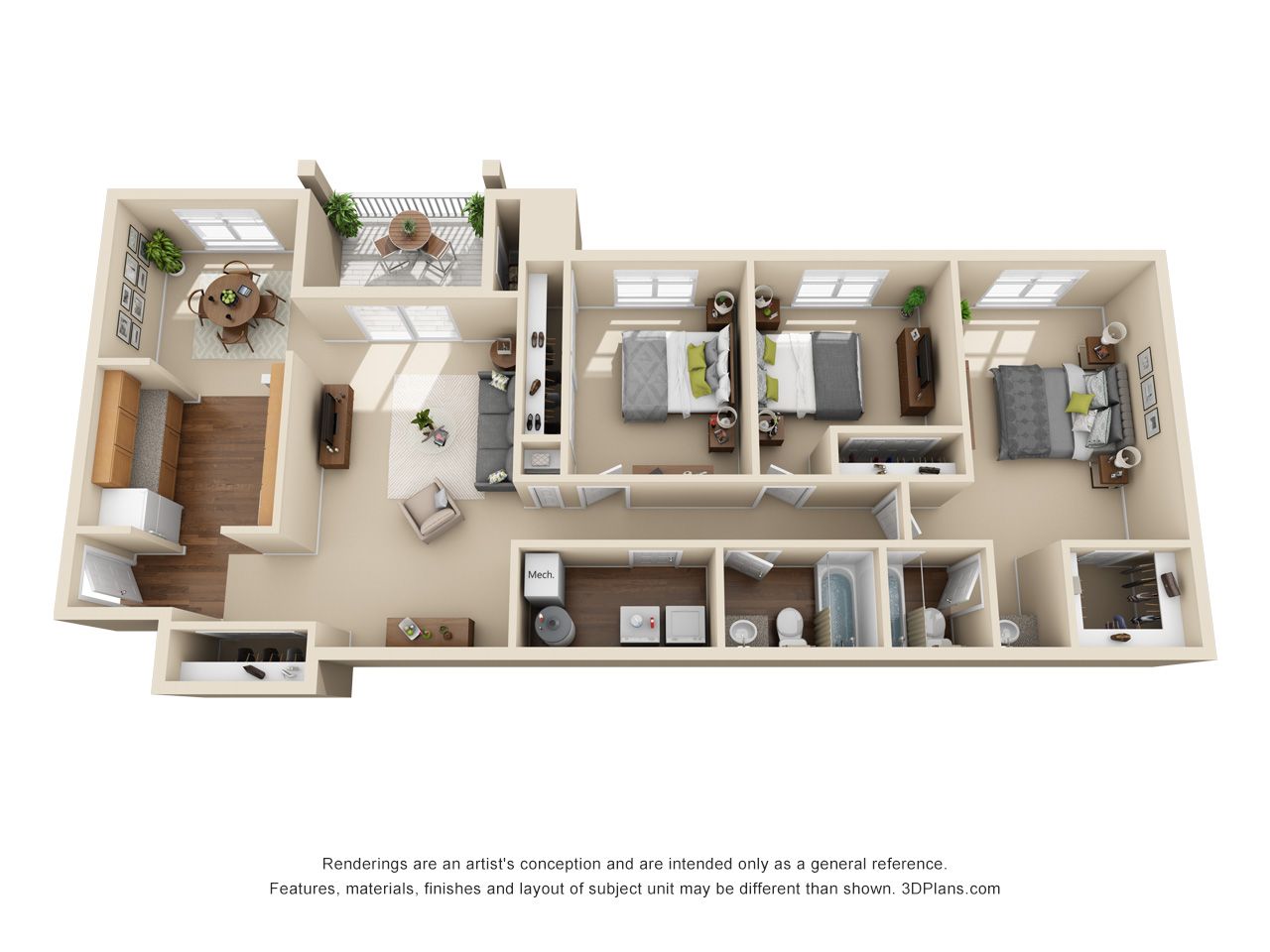 3D floor plan of a modern single-story home with living room, kitchen, bedrooms, and bathrooms