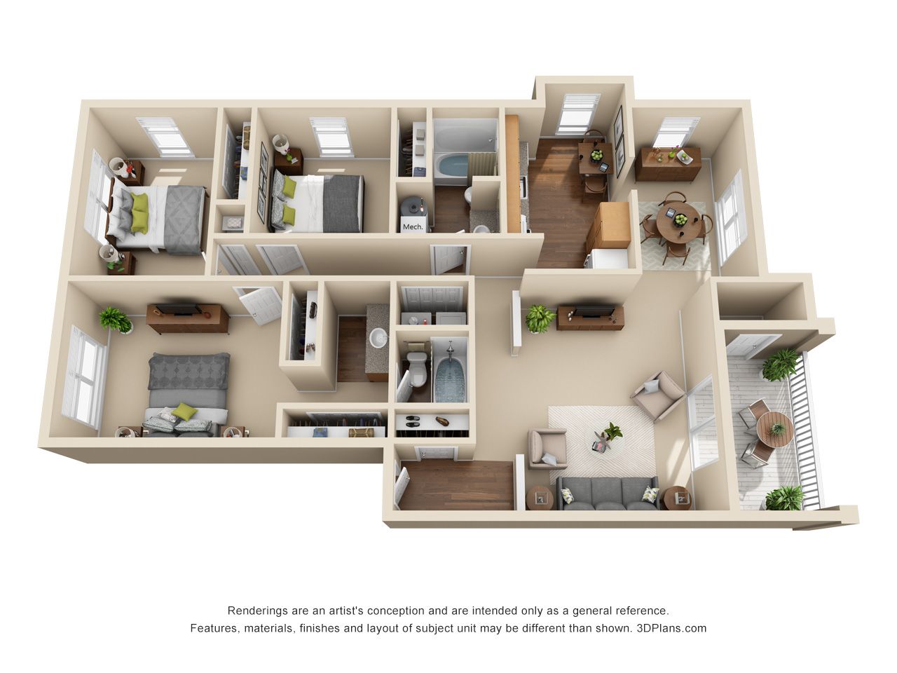 3D floor plan of a small beige apartment with bedrooms, bathroom, kitchen, living area, and balcony