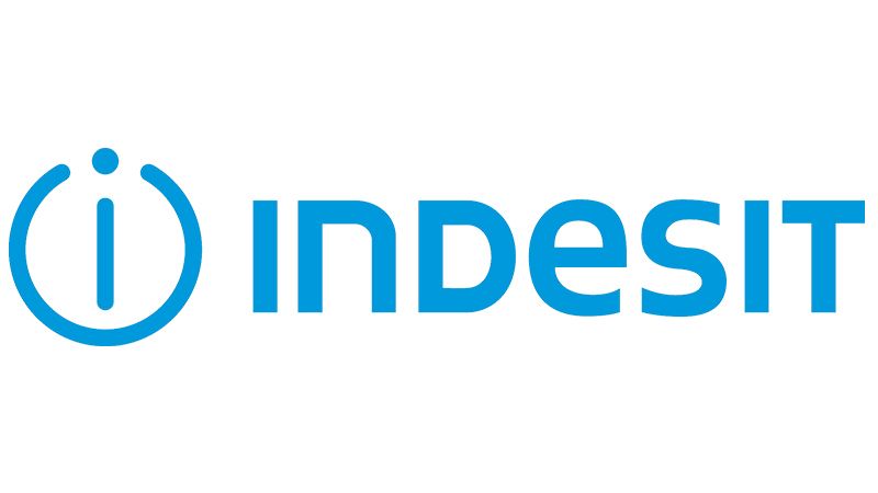 Il logo indesit è blu e bianco su sfondo bianco.
