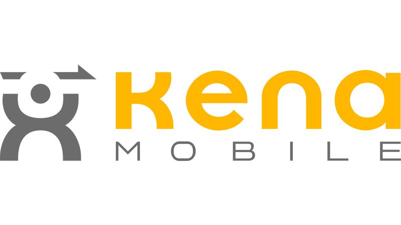 Il logo di Kena Mobile è giallo e grigio su sfondo bianco.