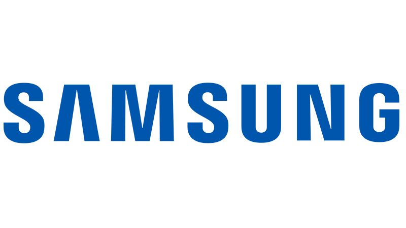 Il logo Samsung è blu e bianco su sfondo bianco.