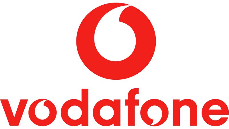 Un logo rosso e bianco per vodafone su uno sfondo bianco