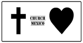 Black cross, “CHURCH MEXICO” text, and black heart on a white sign.