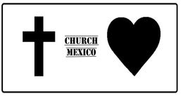 Black cross, text “CHURCH MEXICO,” and black heart on a white background.