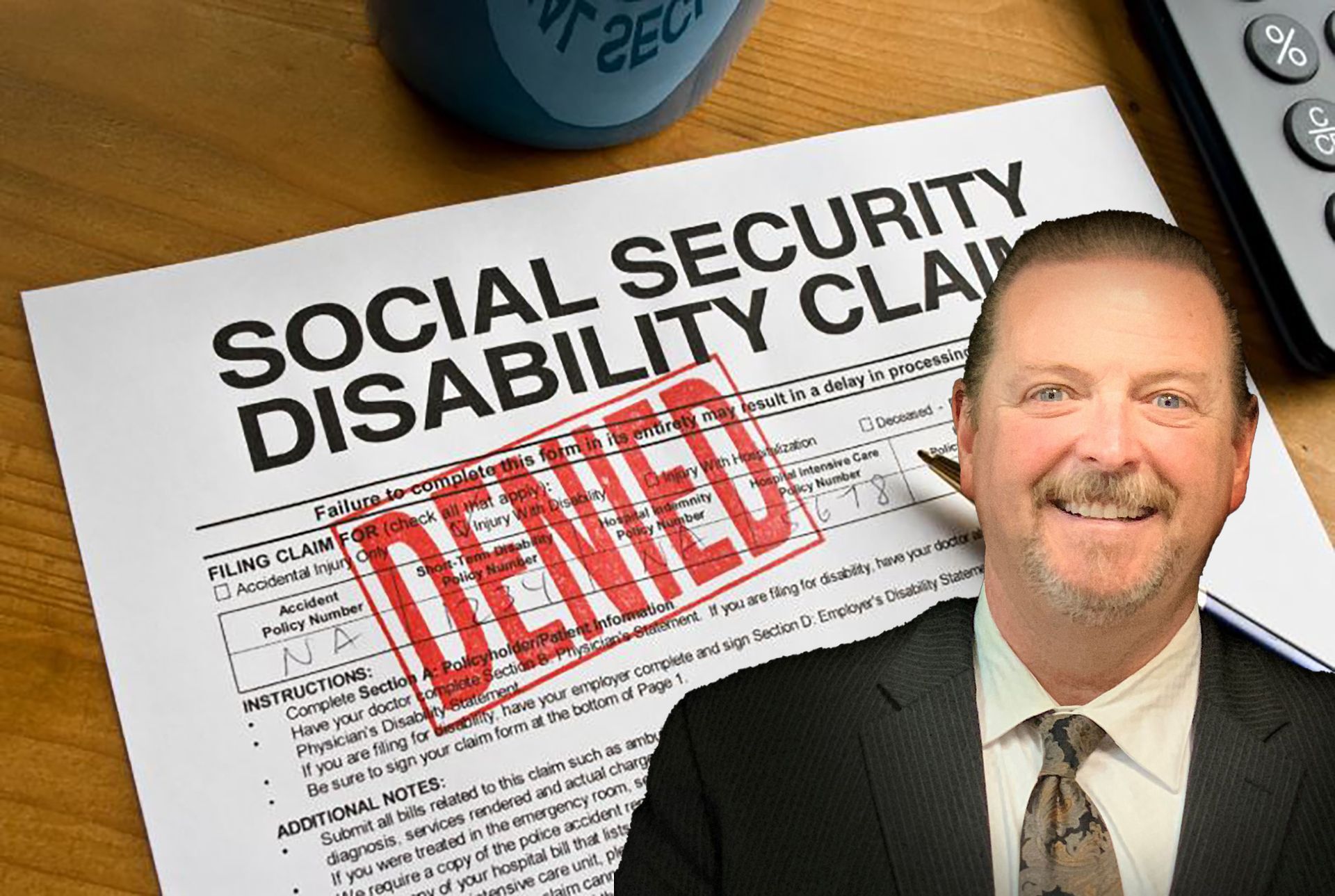 A man is standing in front of a social security disability claim that has been denied