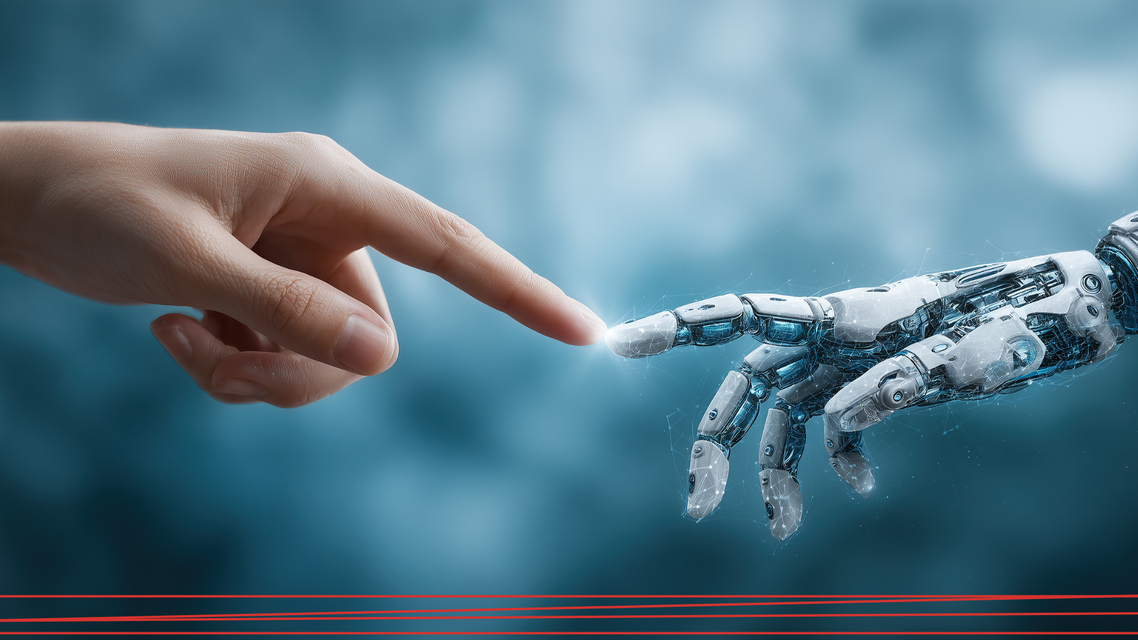 Un dito umano e un dito robotico quasi a contatto su uno sfondo azzurro sfocato.
