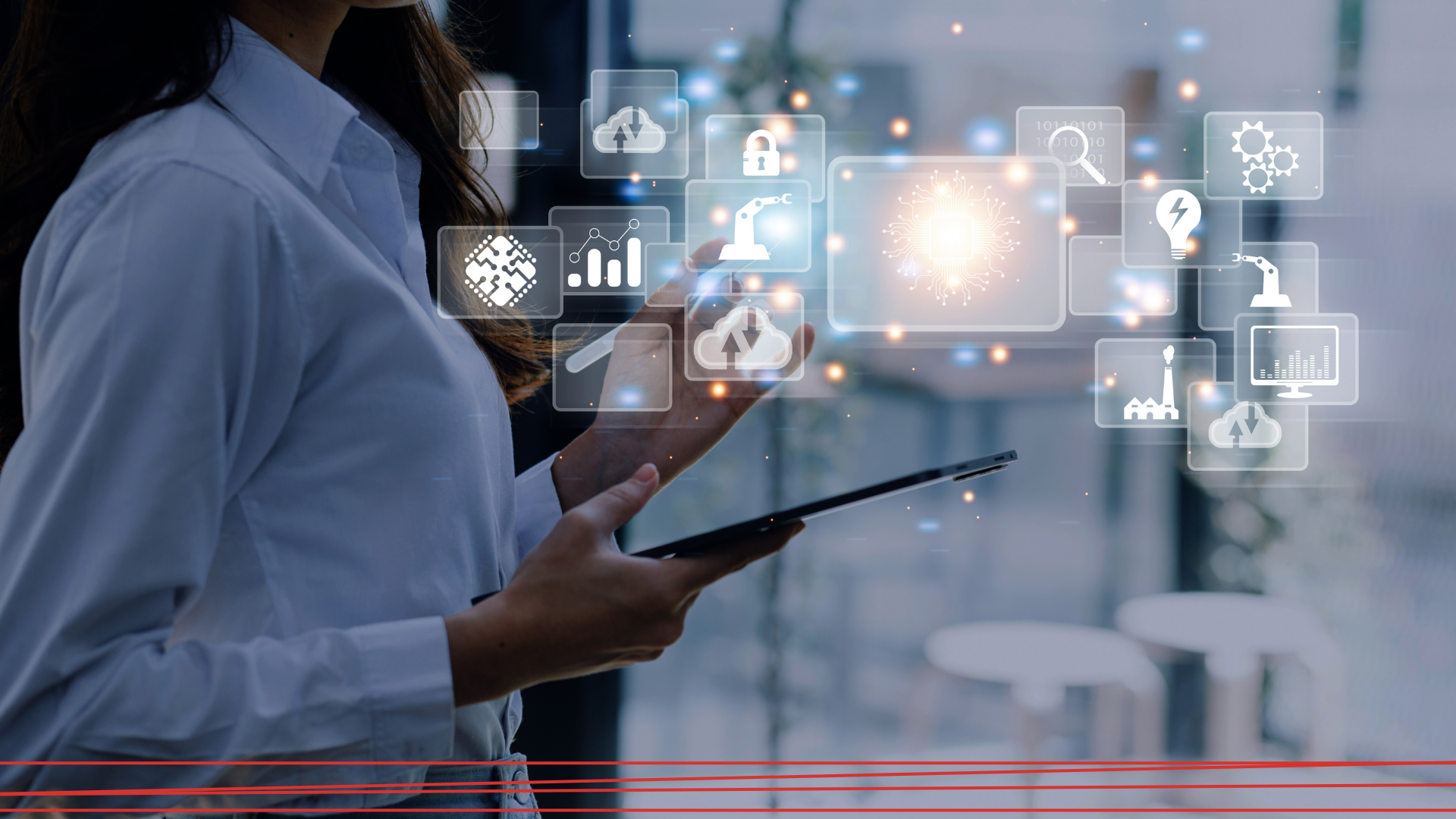 Una persona in camicia professionale tiene in mano un tablet e interagisce con icone digitali fluttuanti che rappresentano dati e tecnologia.