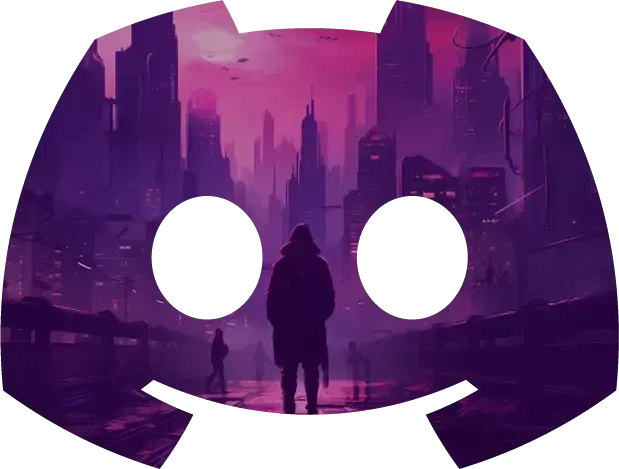 A purple discord logo with a man standing in front of a city.