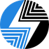 Abstract circular logo with blue, black, and white geometric stripes and triangles