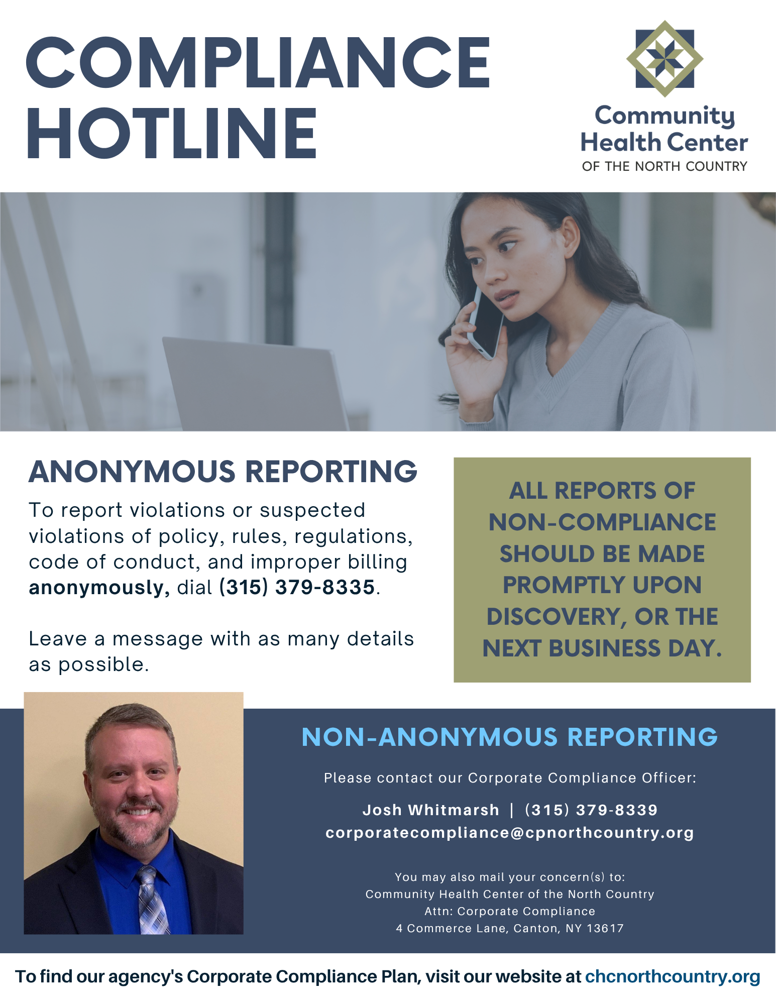 Compliance hotline poster with anonymous and non-anonymous reporting options, featuring a woman on a phone and a staff contact photo