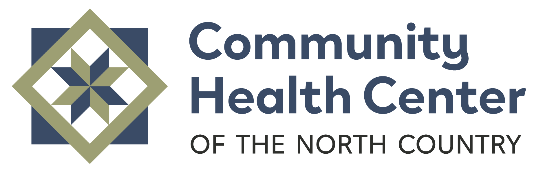 Community Health Center of the North Country logo with dark blue and tannish-green barn quilt icon