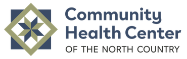 Community Health Center of the North Country logo with dark blue and tannish-green barn quilt icon
