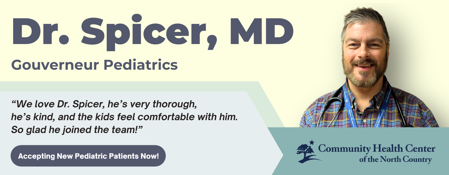 Image of a Pediatrician at our Gouverneur health center who is accepting new patients, Dr. Scott Spicer. Includes a quote from a patient who loved the care provided to her kids.