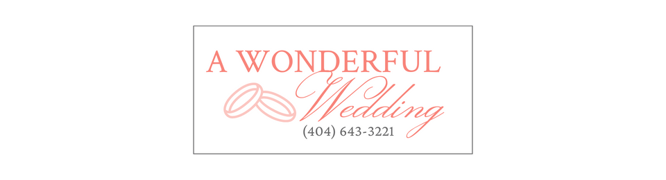 “A Wonderful Wedding” invitation logo in pink script with decorative rings and a phone number.