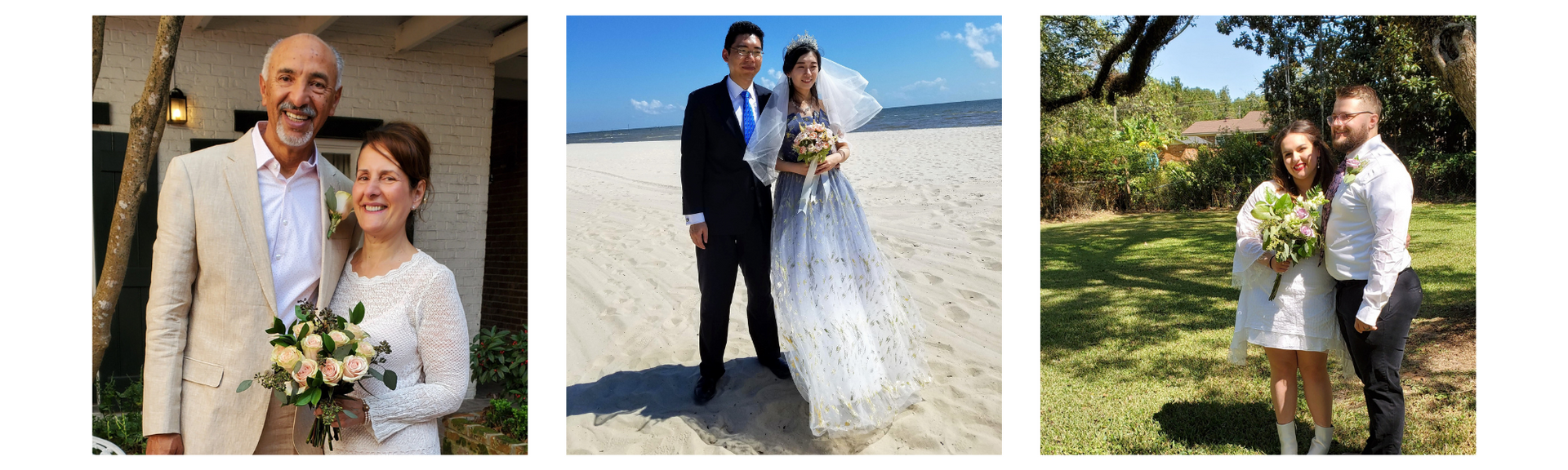 Three wedding photos: a couple posing outdoors by the beach and under trees, and in formal attire.