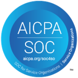 AICPA SOC blue circular certification seal with white text and a small red logo