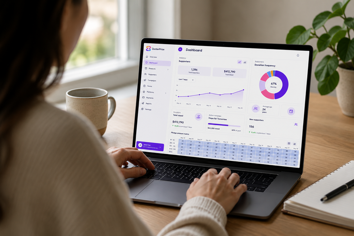 Person using a laptop showing a dashboard with charts and a purple donut graph on a desk by a window