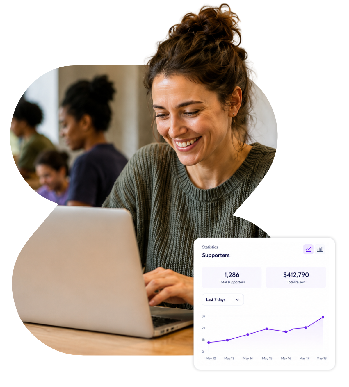Smiling person typing on a laptop, with a small analytics chart overlay in the corner.