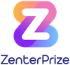 ZenterPrize logo with a colorful gradient Z icon and blue text on white background