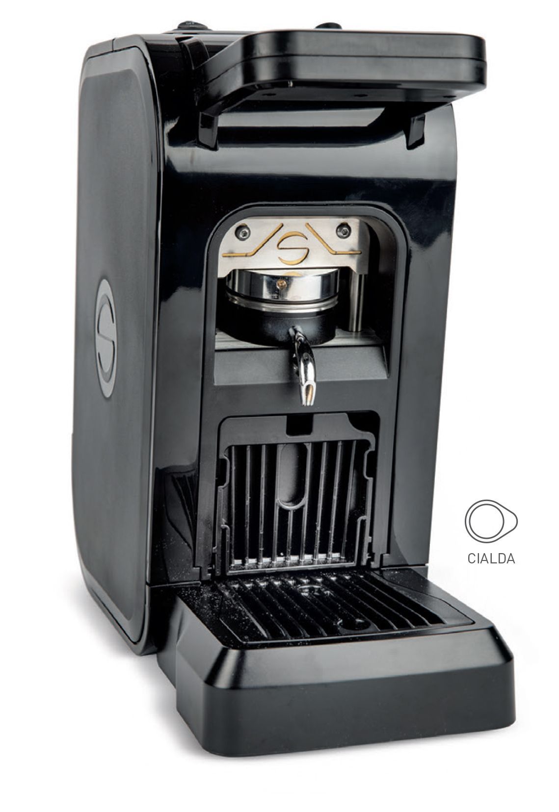 Macchina per caffè espresso da banco nera con vassoio raccogligocce e testina cromata, vista frontale