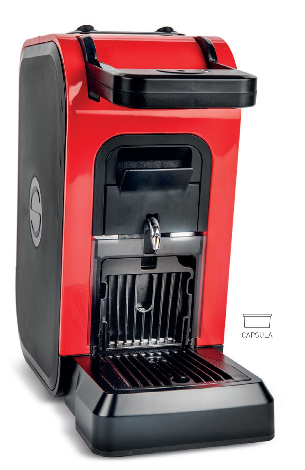 Caffettiera rossa con dettagli neri e vassoio raccogligocce, vista frontale su sfondo bianco.