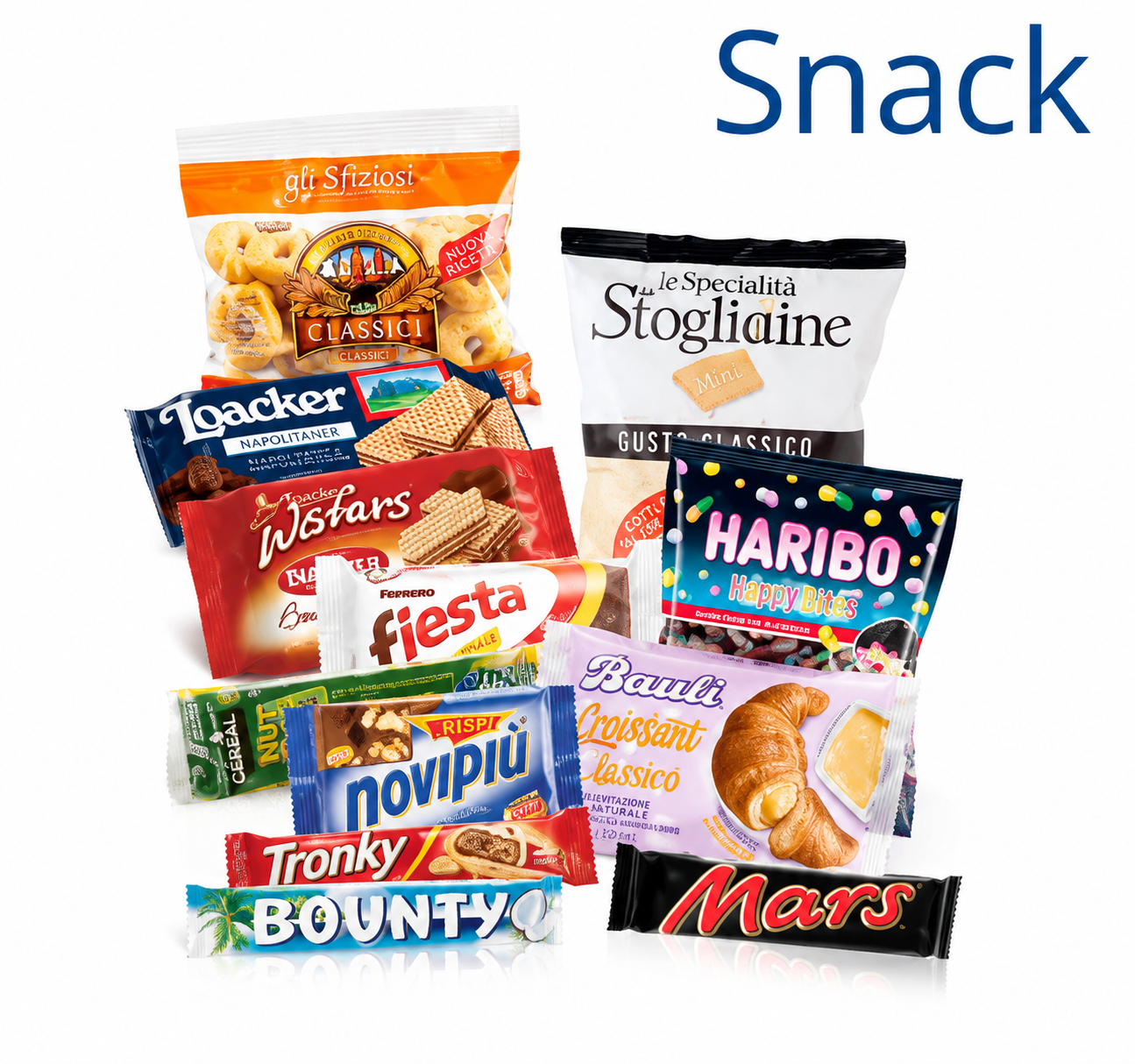 Assortimento di snack e caramelle confezionati con la scritta
