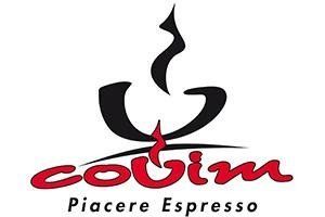 Logo Cobim espresso con tazza di caffè stilizzata rossa e nera e vapore, testo “Piacere Espresso”.