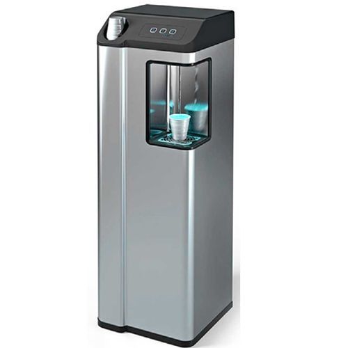 Distributore d'acqua in acciaio inox con piano superiore nero e zona di erogazione illuminata di blu, con bicchiere integrato.