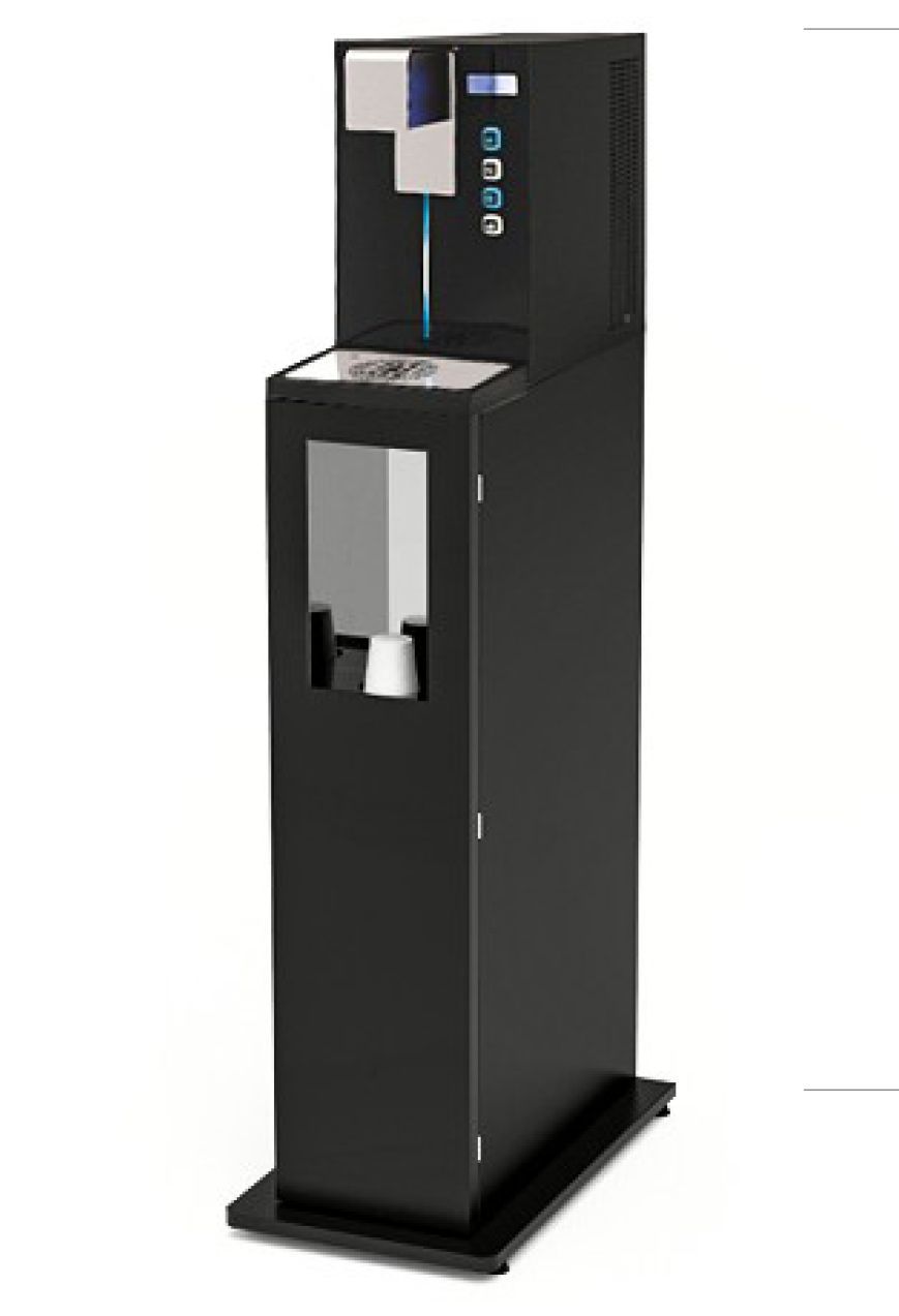Distributore d'acqua nero con pannello frontale argentato e display blu su base a piedistallo