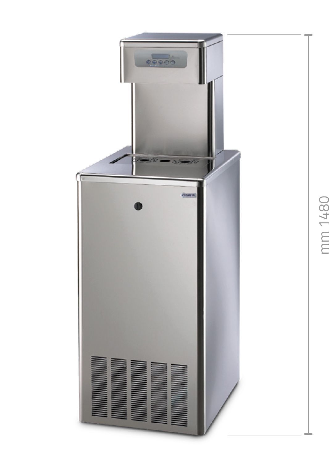 Macchina per il ghiaccio professionale in acciaio inox con contenitore e dispenser superiore, mostrata su sfondo bianco.