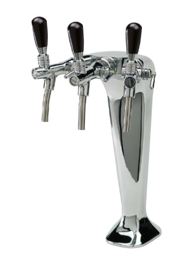 Rubinetto per birra cromato con tre rubinetti con maniglie nere su base a piedistallo
