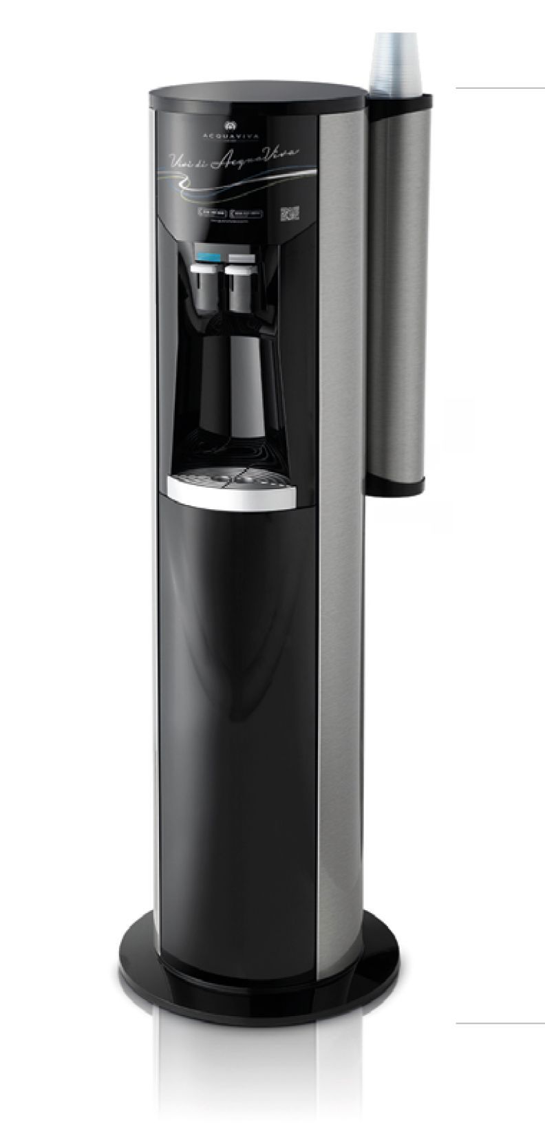 Distributore d'acqua nero con dispenser per bicchieri e serbatoio laterale argentato su sfondo bianco.