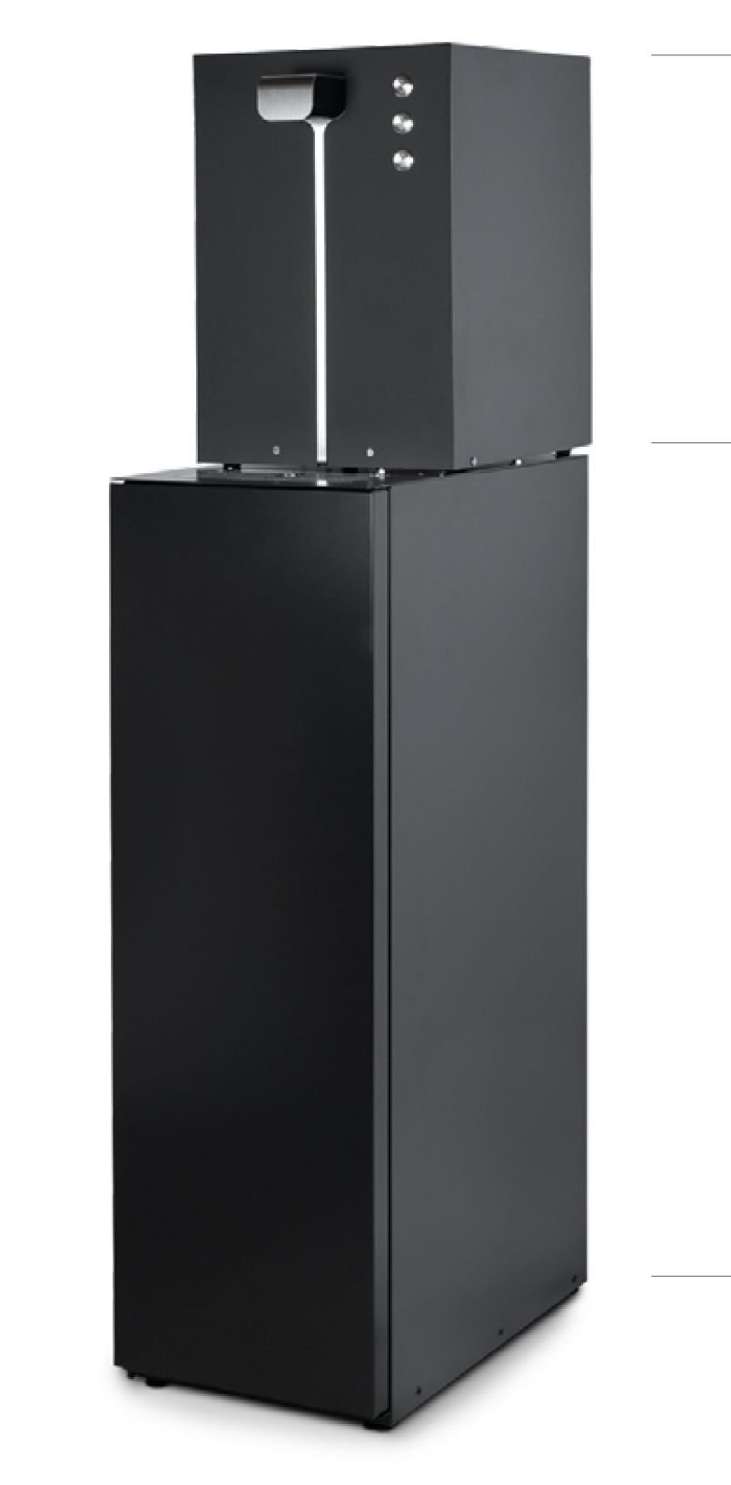 Distributore d'acqua nero a libera installazione con erogatore a caricamento dall'alto e pannello frontale in acciaio inox.
