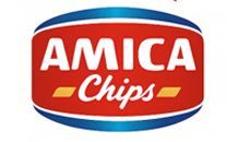 Logo AMICA Chips in rosso, bianco e blu con dettagli gialli