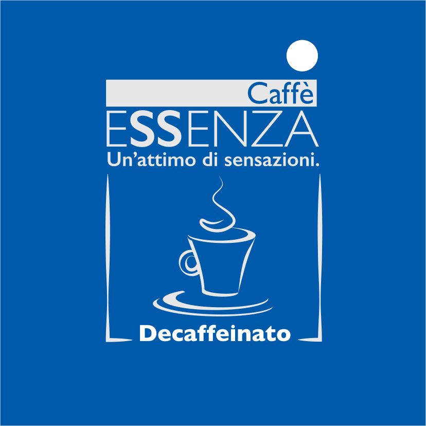Confezione di caffè decaffeinato Blue Caffè Essenza con icona e logo della tazza bianca.