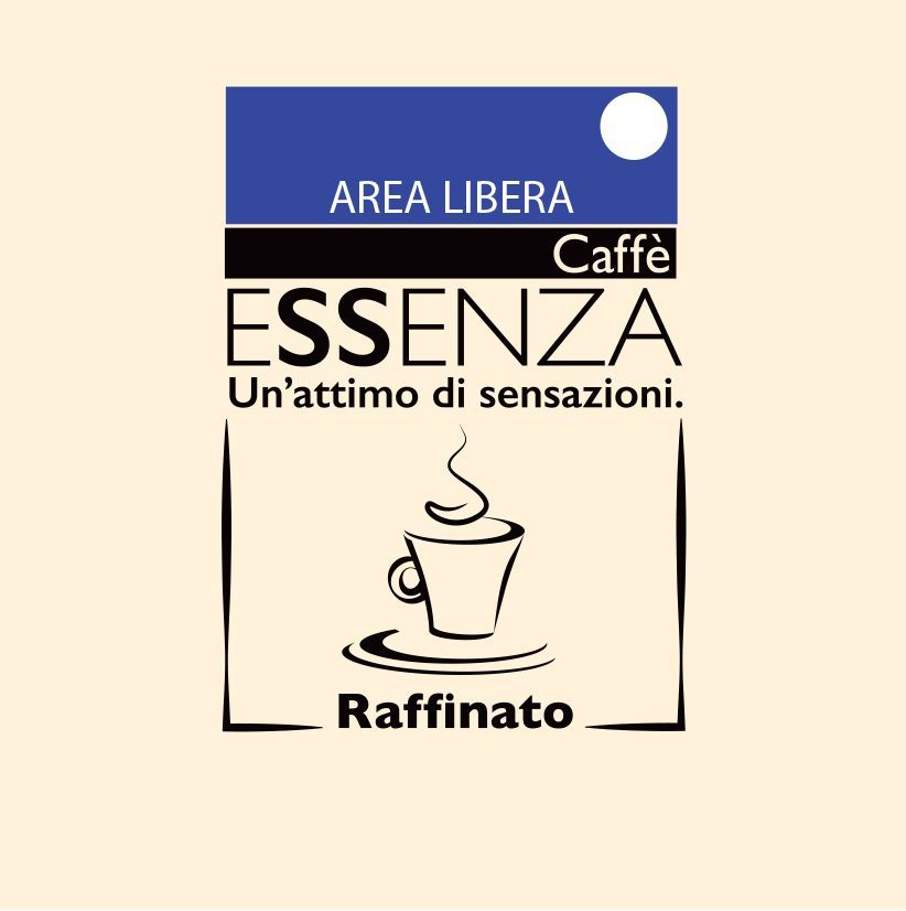 Etichetta di caffè con design blu e bianco con la scritta “Area Libera Caffè Essenza”, con tazza fumante e testo “Raffinato”.