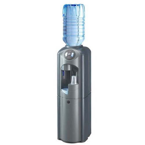 Distributore d'acqua compatto di colore grigio con bottiglia blu sulla parte superiore.