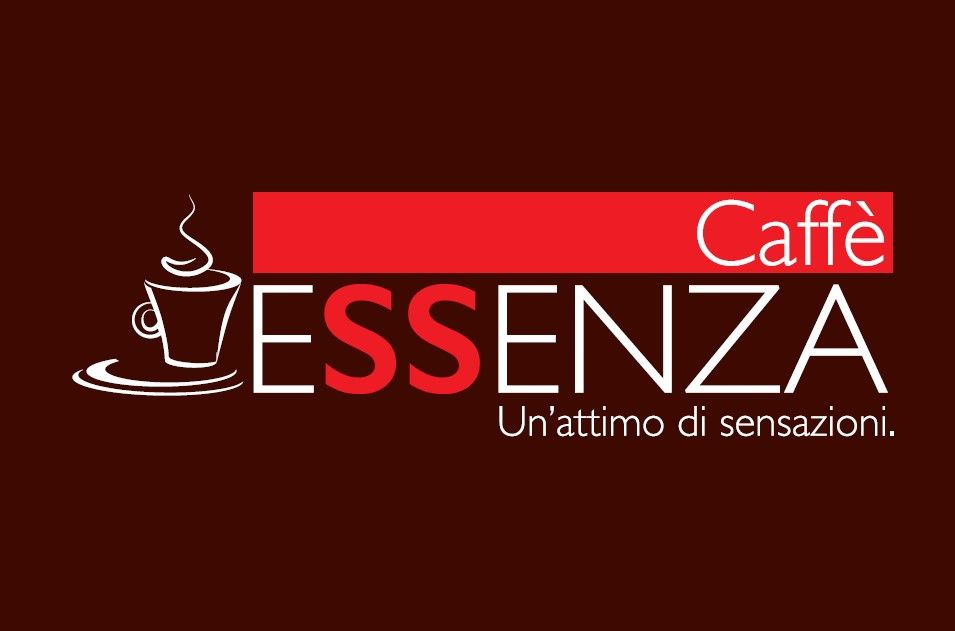 Logo for Caffè Essenza on a dark red background, with a steaming cup icon and the slogan “Un attimo di sensazioni.”