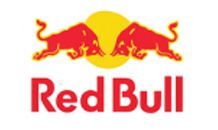 Logo Red Bull con due tori rossi che caricano su un sole giallo su sfondo bianco.