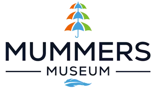 Mummers Museum logo with colorful feathered headdress above black text on a white background